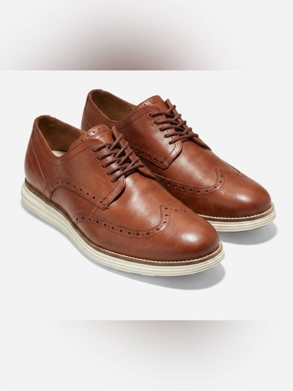 Cole Haan Tan Leather Wingtip Derby Shoes with Cream Sole